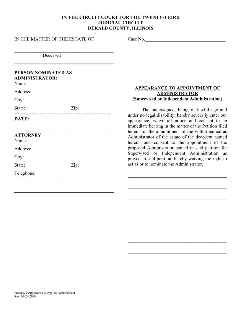 Appearance To Appointment Of Administrator {Probate22} | Pdf Fpdf Doc Docx | Illinois