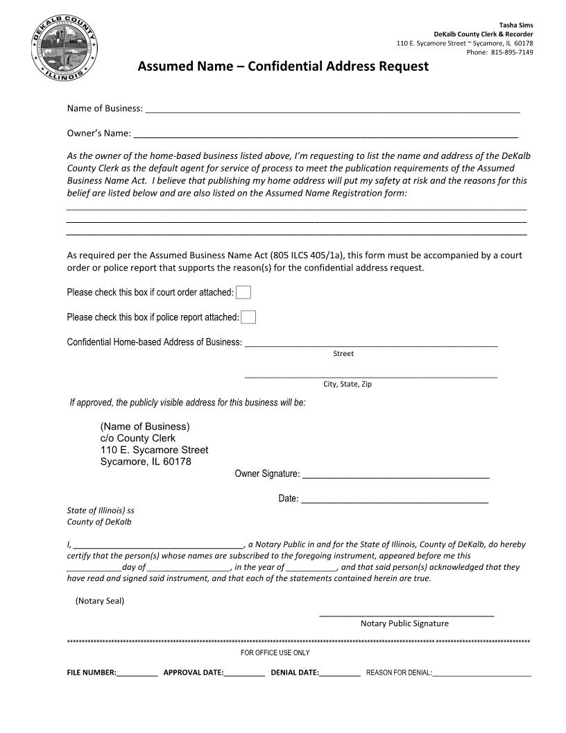 Assumed Name - Confidential Address Request | Pdf Fpdf Docx | Illinois