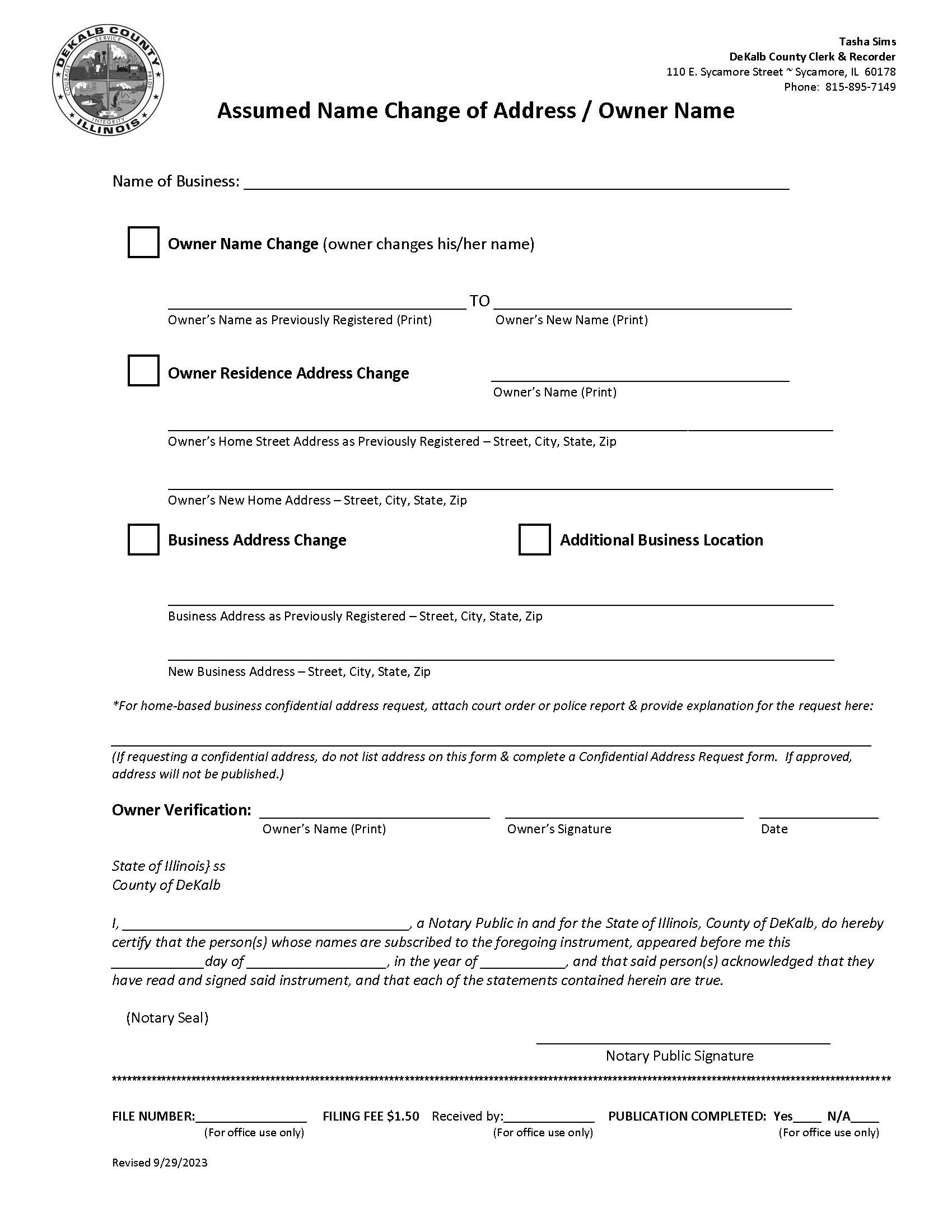 Assumed Name Change Of Address Owner Name | Pdf Fpdf Docx | Illinois