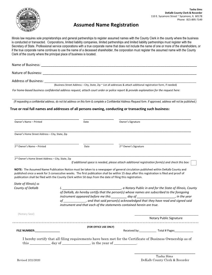 Assumed Name Registration | Pdf Fpdf Docx | Illinois