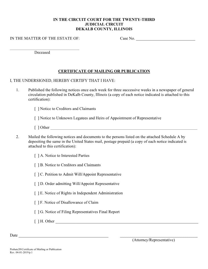 Certificate Of Mailing Or Publication {Probate20} | Pdf Fpdf Doc Docx | Illinois