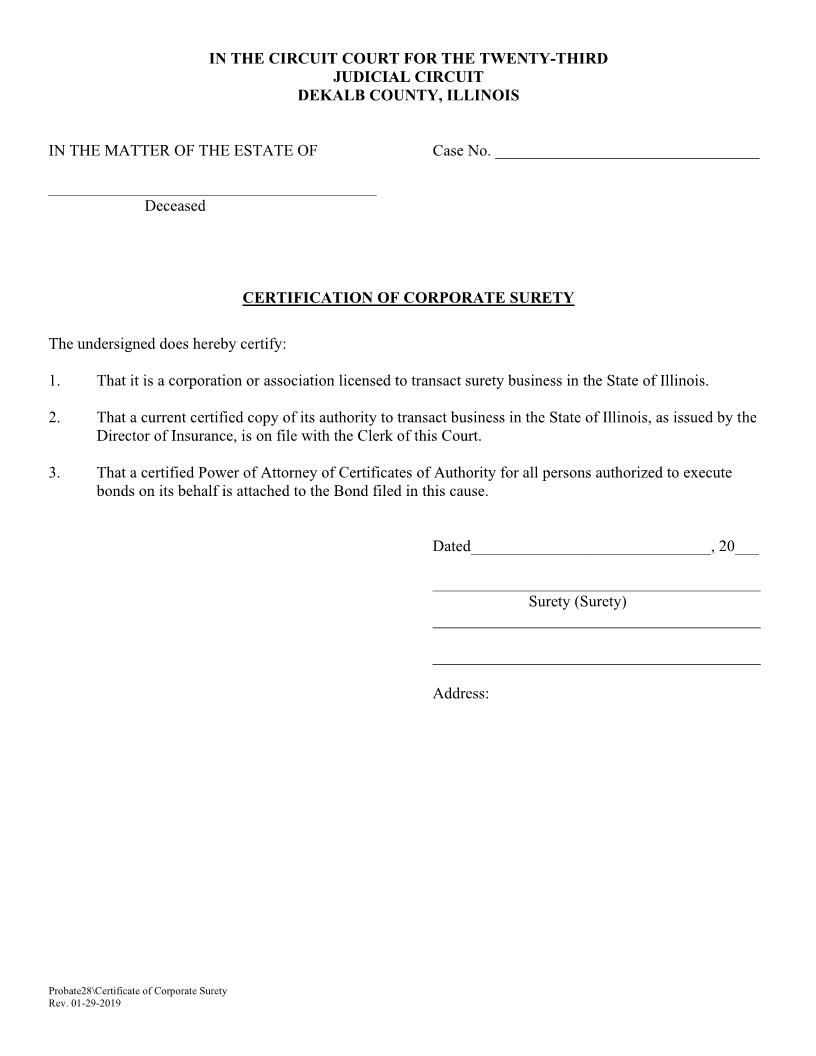 Certification Of Corporate Surety {Probate28} | Pdf Fpdf Doc Docx | Illinois