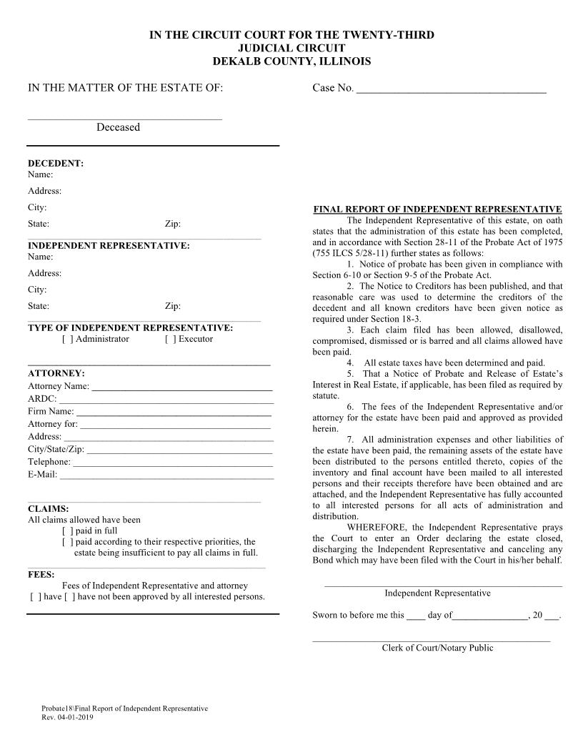 Final Report Of Independent Representative {Probate18} | Pdf Fpdf Doc Docx | Illinois