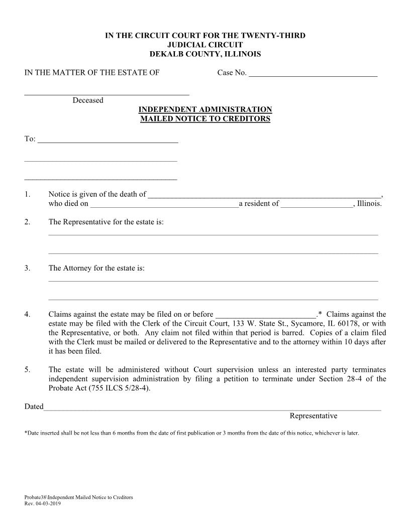 Independent Administration Mailed Notice To Creditors {Probate38} | Pdf Fpdf Doc Docx | Illinois