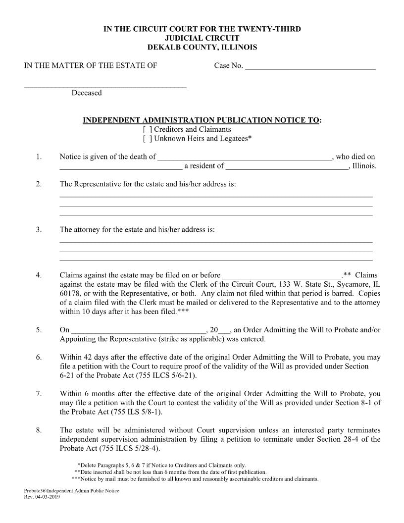 Independent Administration Publication Notice {Probate36} | Pdf Fpdf Doc Docx | Illinois