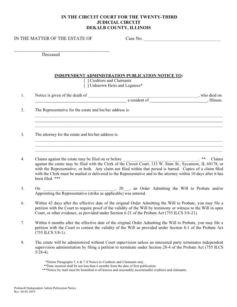 Independent Administration Publication Notice {Probate42} | Pdf Fpdf Doc Docx | Illinois