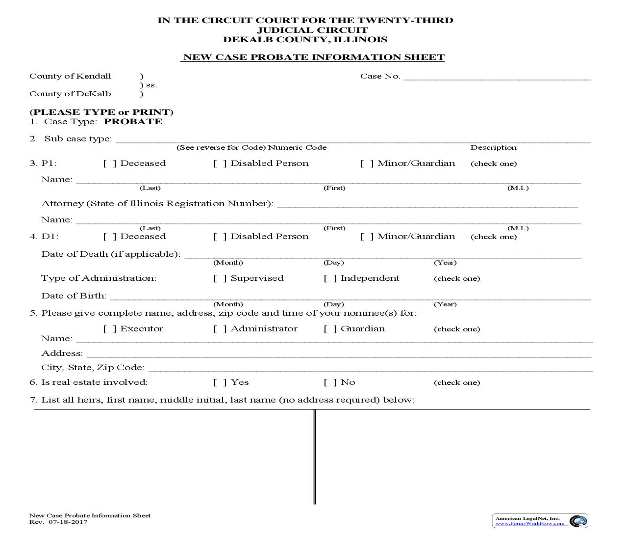 New Case Probate Information Sheet | Pdf Fpdf Doc Docx | Illinois