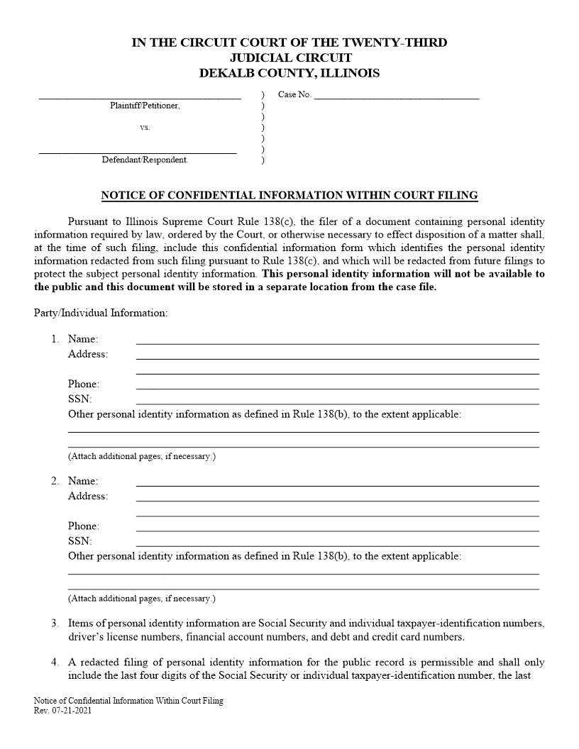 Notice Of Confidential Information WIthin Court FIling | Pdf Fpdf Docx | Illinois