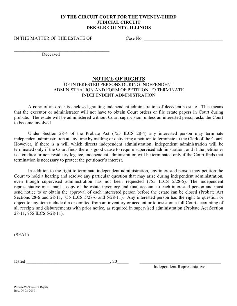 Notice Of Rights Of Interested Persons During Independent Administration {Probate39} | Pdf Fpdf Doc Docx | Illinois