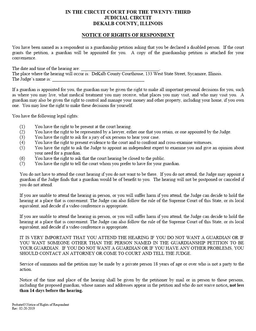 Notice Of Rights Of Respondent {Probate43} | Pdf Fpdf Doc Docx | Illinois