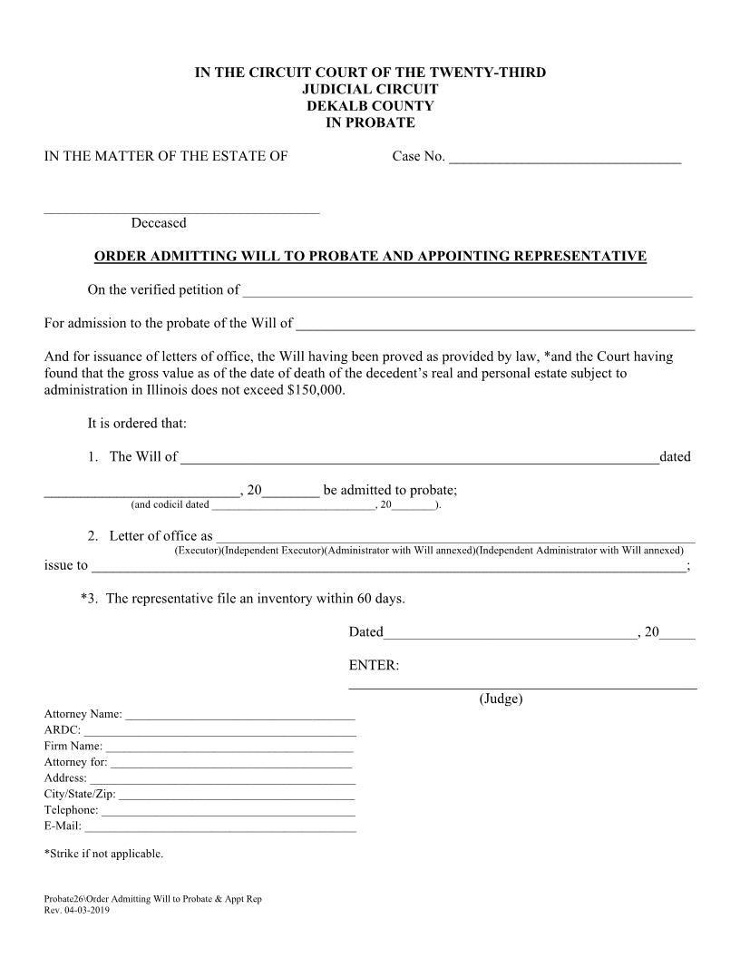Order Admitting Will To Probate And Appointing Representative {Probate26} | Pdf Fpdf Doc Docx | Illinois