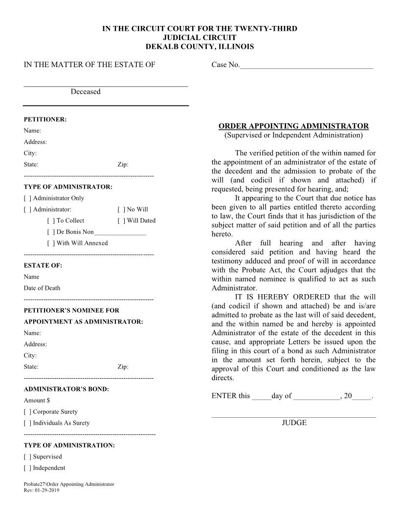 Order Appointing Administrator {Probate27} | Pdf Fpdf Doc Docx | Illinois
