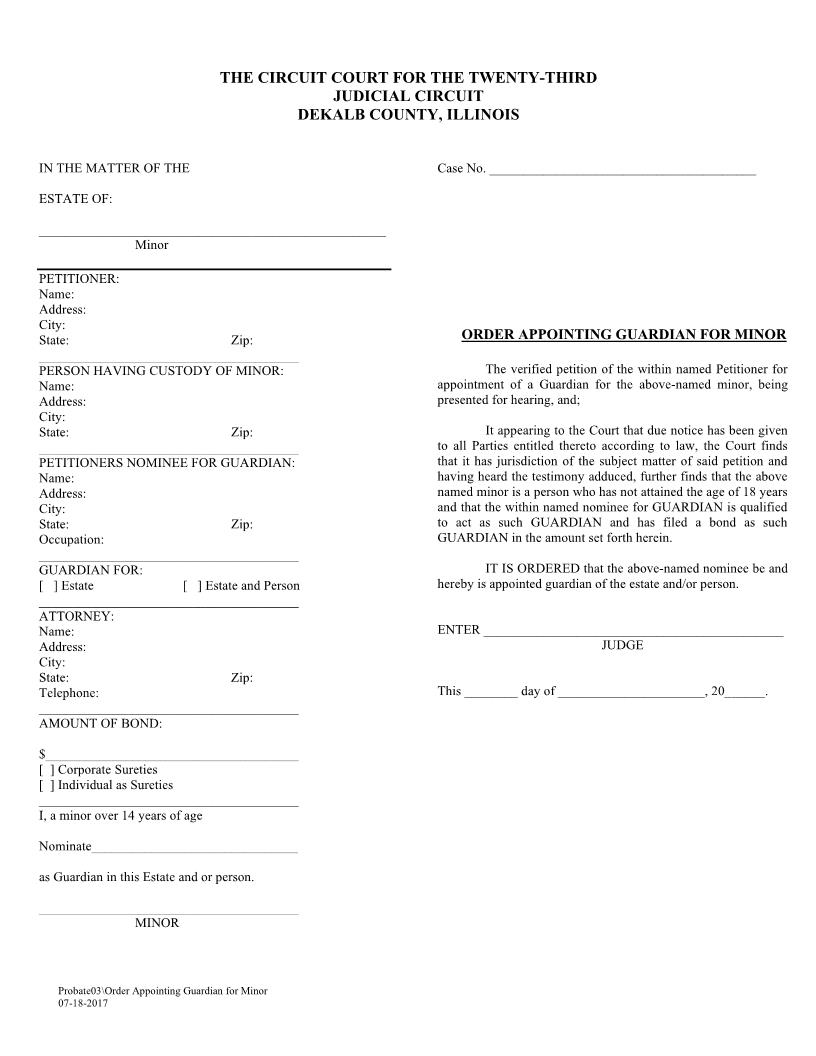 Order Appointing Guardian For Minor (Probate03) | Pdf Fpdf Docx | Illinois