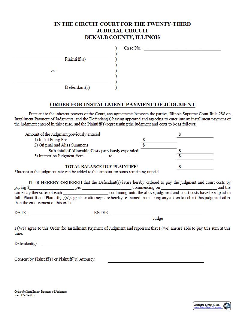 Order For Installment Payment of Judgment | Pdf Fpdf Docx | Illinois