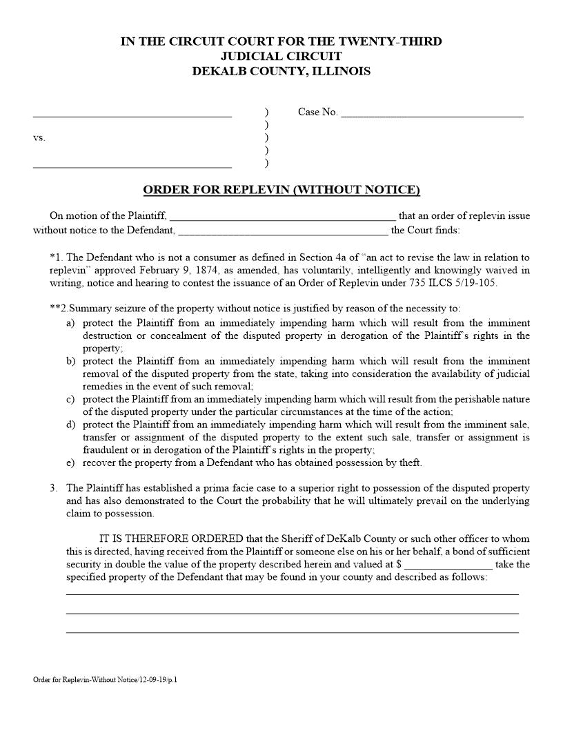 Order For Replevin (Without Notice) | Pdf Fpdf Docx | Illinois