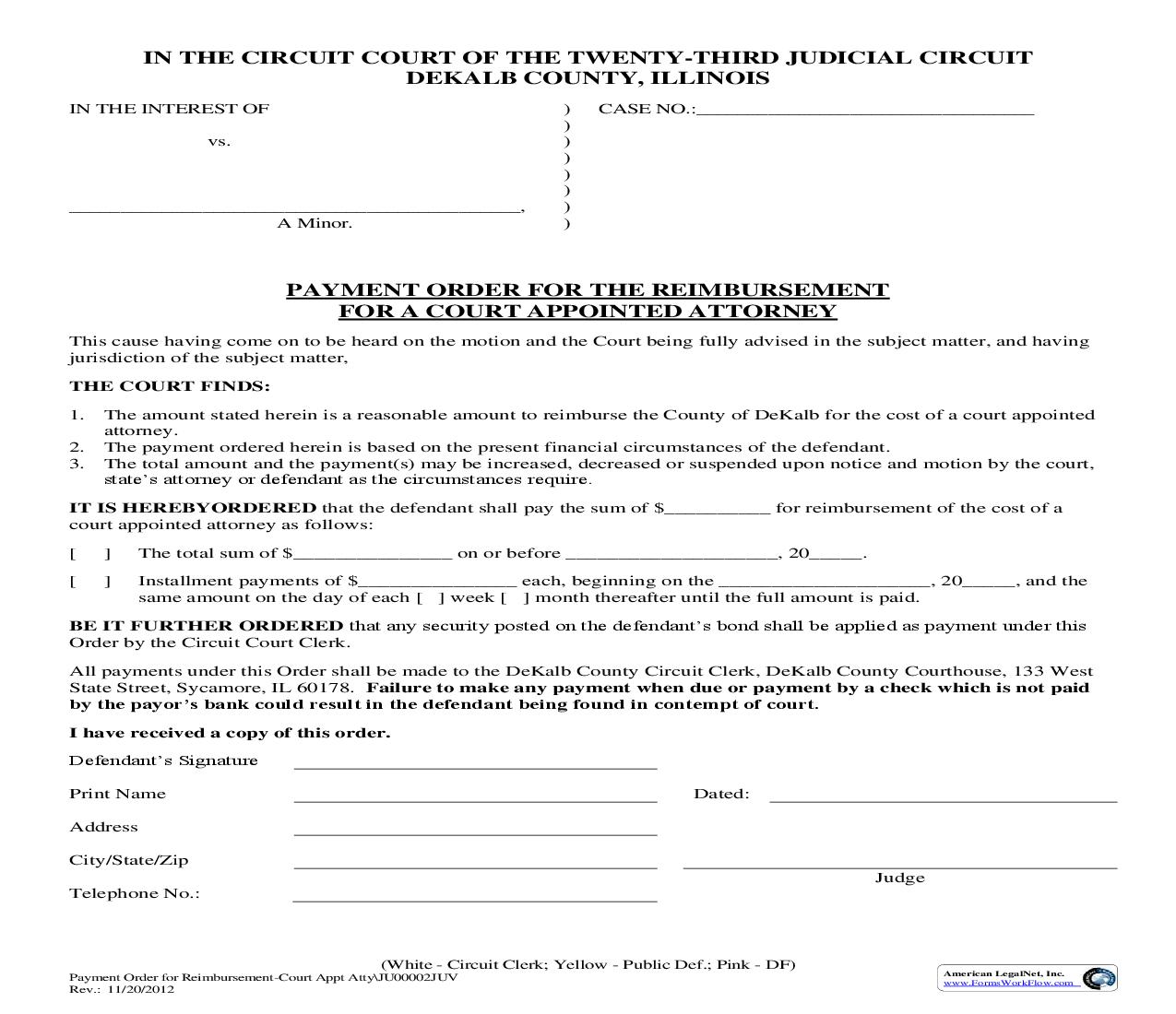 Payment Order For The Reimbursement For A Court Appointed Attorney | Pdf Fpdf Doc Docx | Illinois