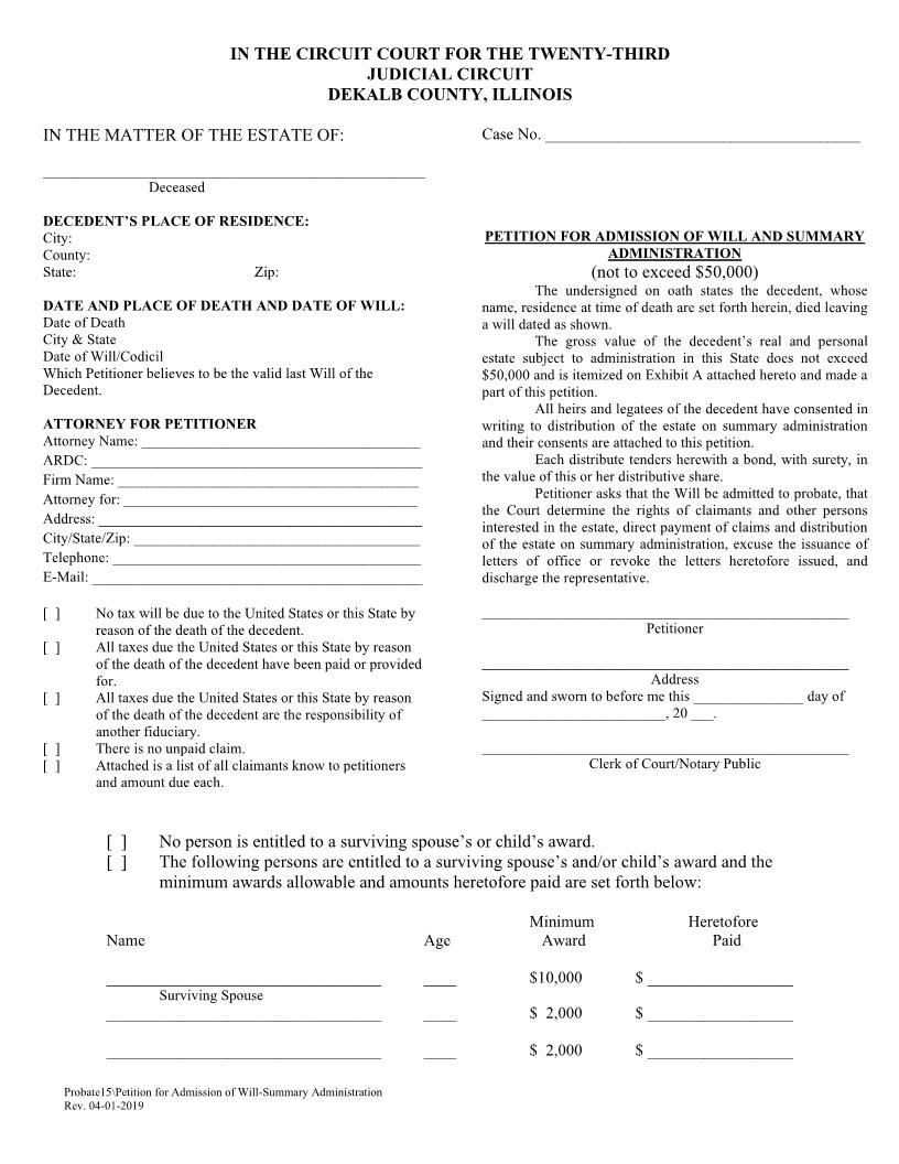 Petition For Admission Of Will And Summary Administration {Probate15} | Pdf Fpdf Doc Docx | Illinois