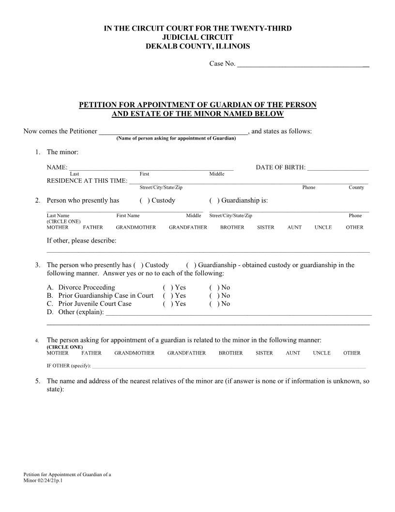 Petition For Appointment Of Guardian Of A Minor | Pdf Fpdf Docx | Illinois