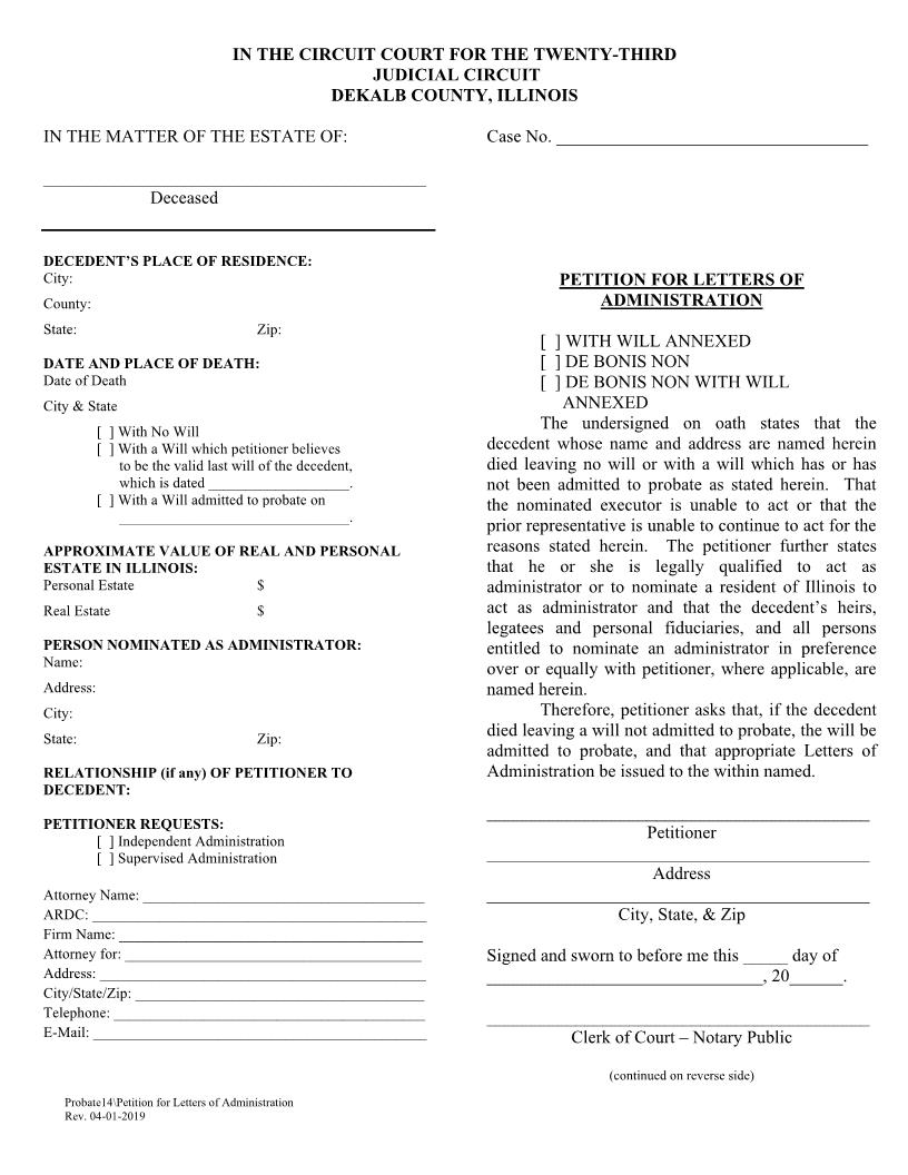 Petition For Letters Of Administration {Probate14} | Pdf Fpdf Doc Docx | Illinois