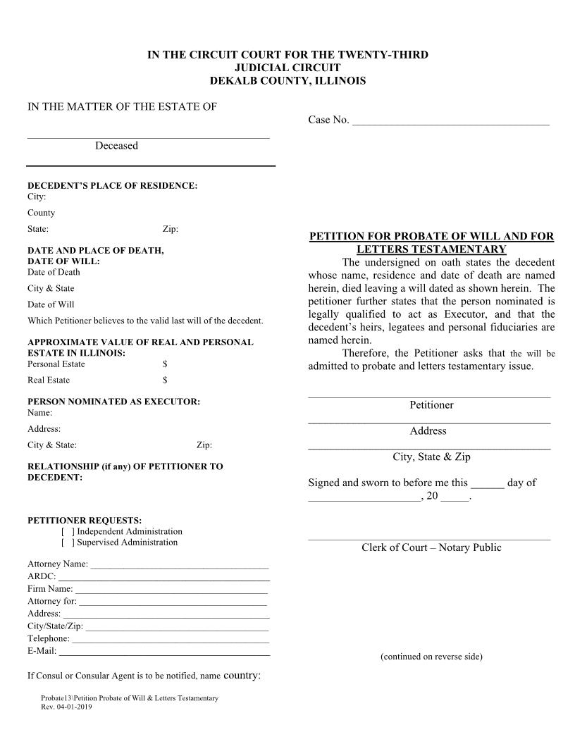 Petition For Probate Of Will And For Letters Testamentary {Probate13} | Pdf Fpdf Doc Docx | Illinois