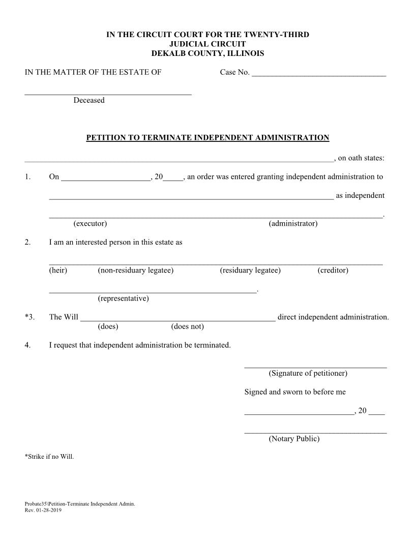 Petition To Terminate Independent Administration {Probate35} | Pdf Fpdf Doc Docx | Illinois