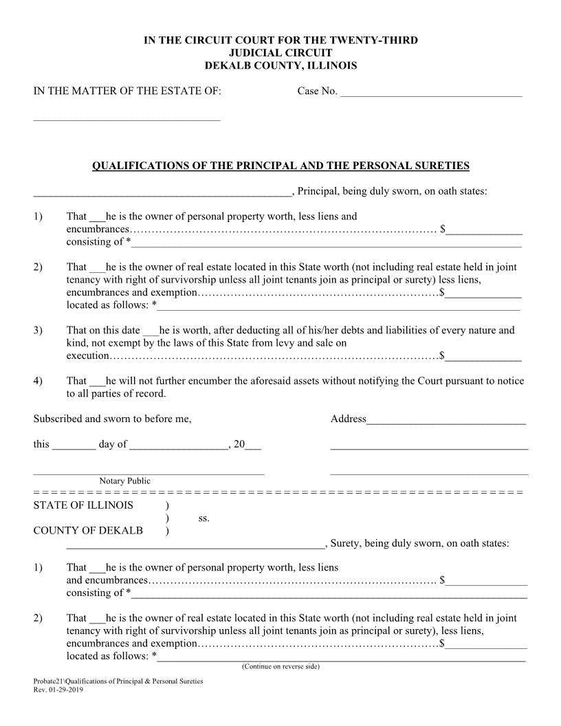 Qualifications Of The Principal And The Personal Sureties {Probate21} | Pdf Fpdf Doc Docx | Illinois