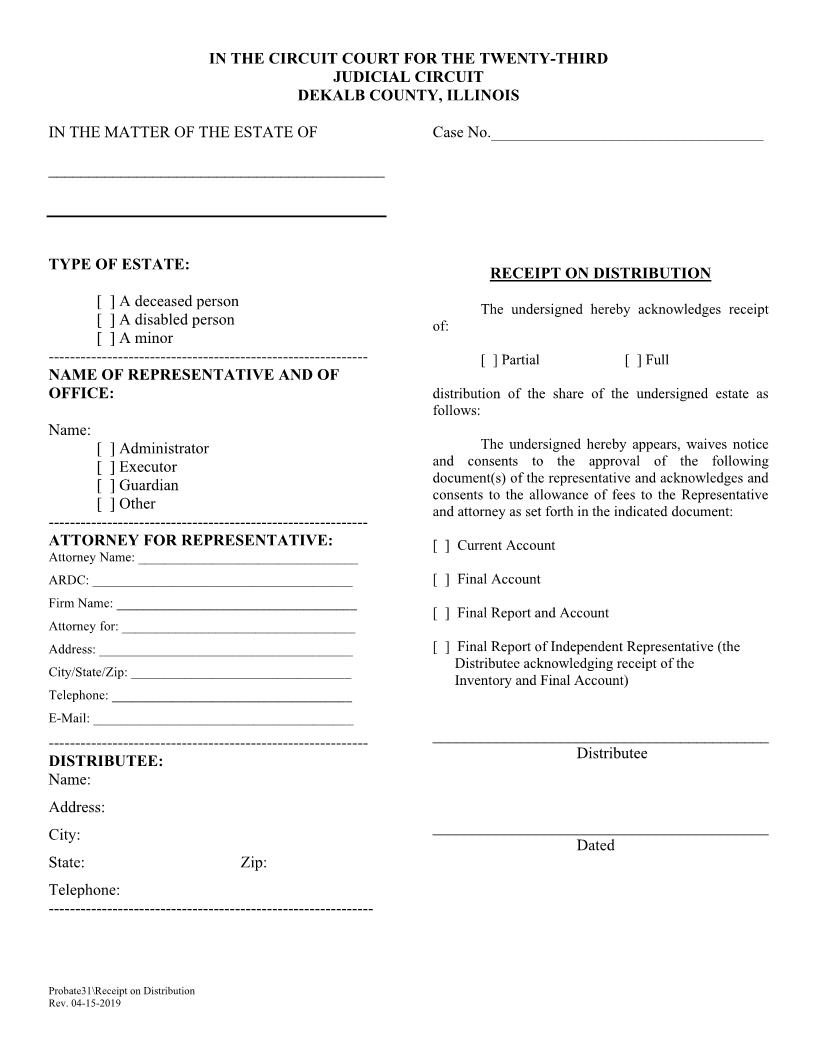 Receipt On Distribution {Probate31} | Pdf Fpdf Doc Docx | Illinois