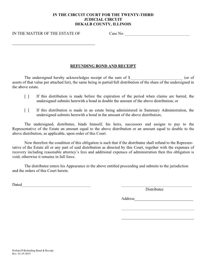 Refunding Bond And Receipt {Probate29} | Pdf Fpdf Doc Docx | Illinois