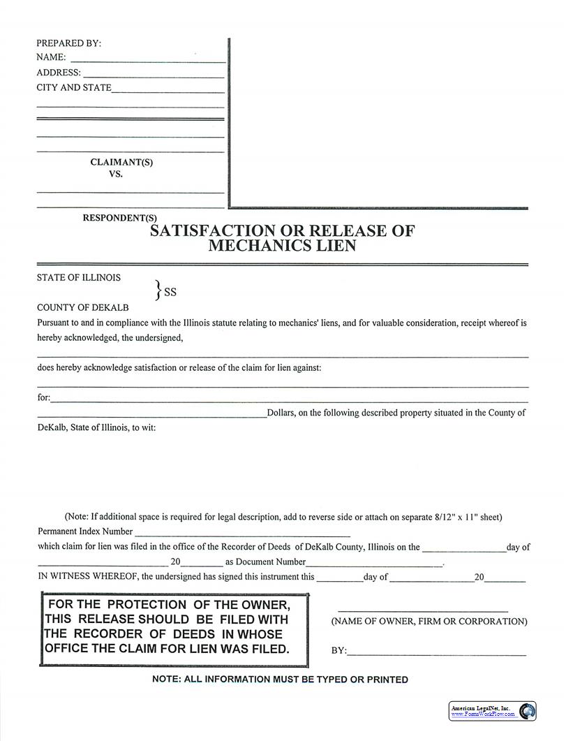 Satisfaction Or Release Of Mechanics Lien | Pdf Fpdf Docx | Illinois