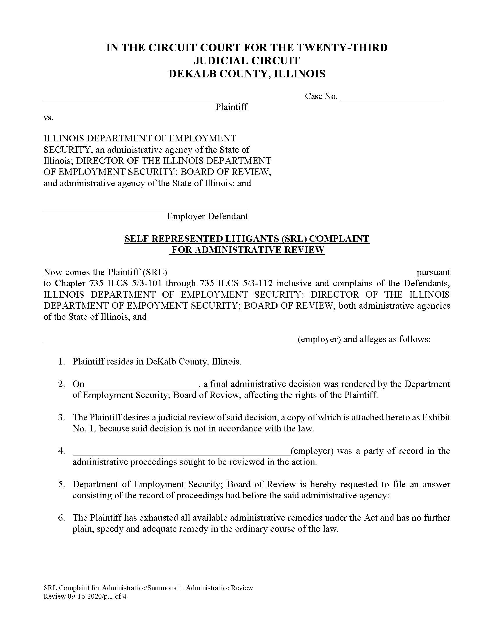 Self Represented Litigants (SRL) Complaint For Administrative Review And Summons | Pdf Fpdf Docx | Illinois