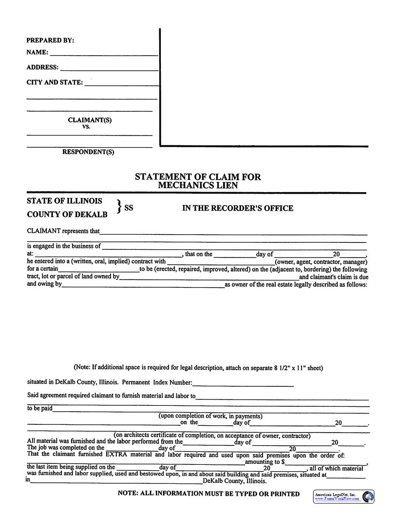 Statement Of Claim For Mechanics Lien | Pdf Fpdf Docx | Illinois