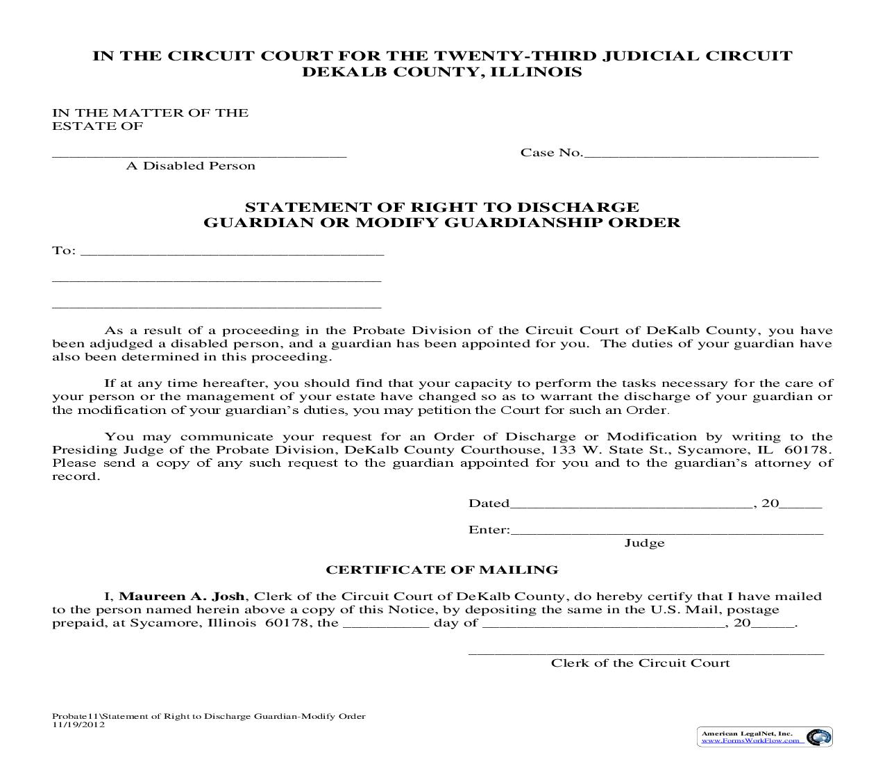 Statement Of Right To Discharge Guardian Or Modify Guardianship Order {Probate11} | Pdf Fpdf Doc Docx | Illinois