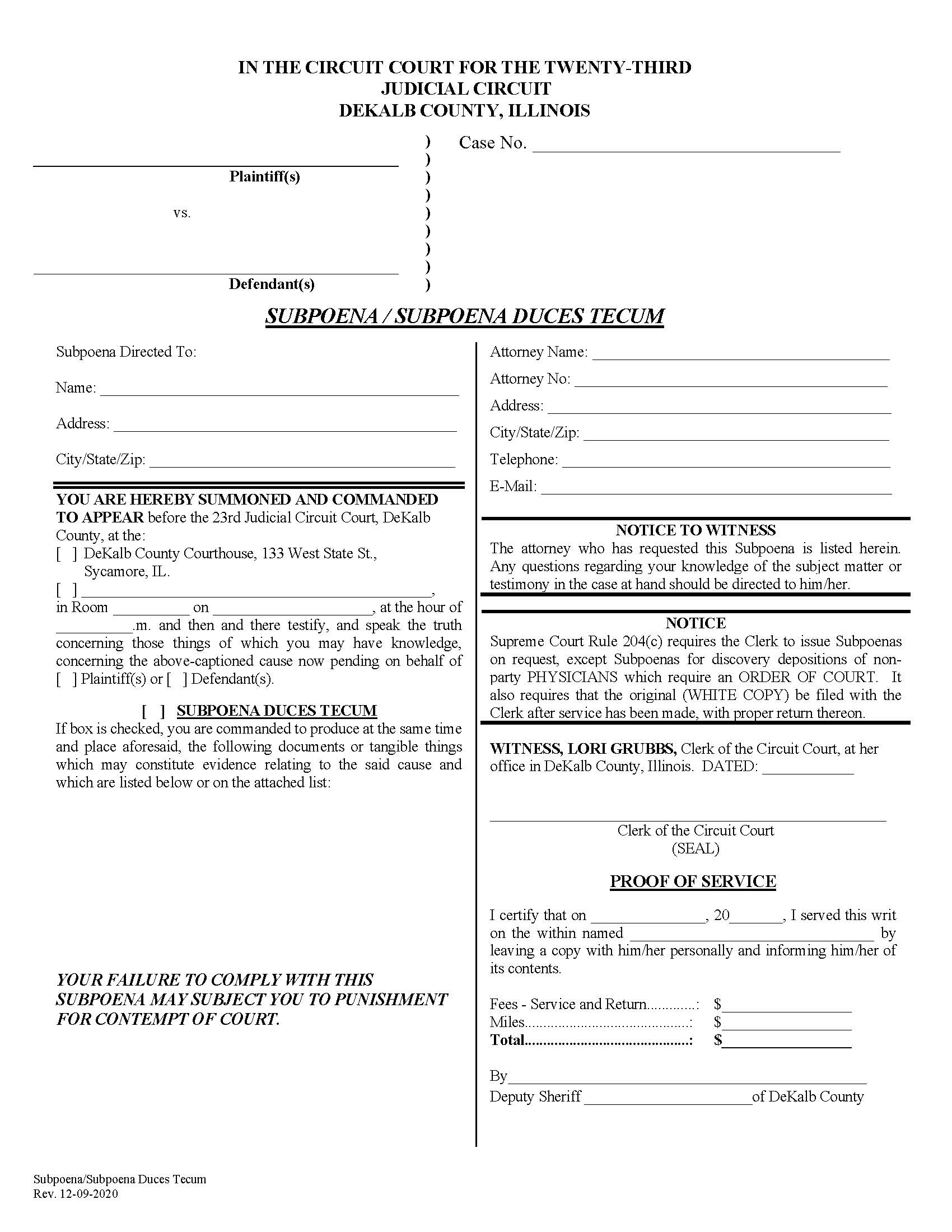 Subpoena - Subpoena Duces Tecum | Pdf Fpdf Docx | Illinois