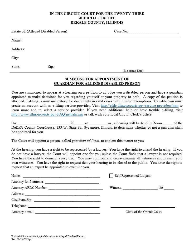 Summons For Appointment Of Guardian For Disabled Person {Probate08} | Pdf Fpdf Doc Docx | Illinois