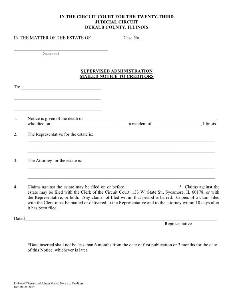 Supervised Administration Mailed Notice To Creditors {Probate40} | Pdf Fpdf Doc Docx | Illinois