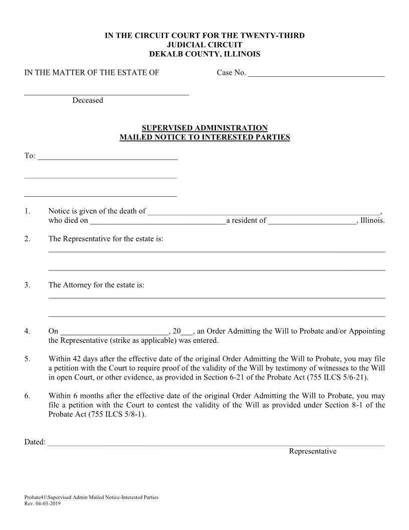 Supervised Administration Mailed Notice To Interested Parties {Probate41} | Pdf Fpdf Doc Docx | Illinois