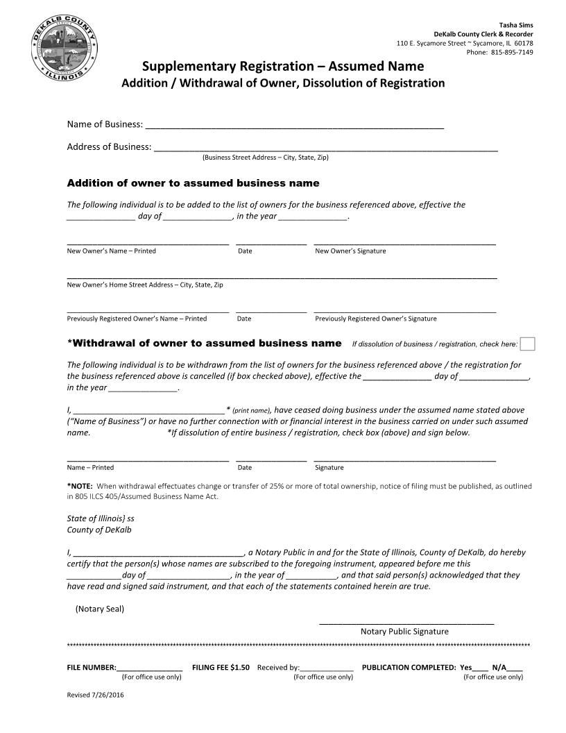 Supplementary Registration - Assumed Name Addition Withdrawal Dissolution | Pdf Fpdf Docx | Illinois