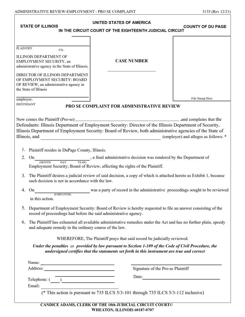 Pro Se Complaint For Administrative Review (Employment) {3135} | Pdf Fpdf Docx | Illinois
