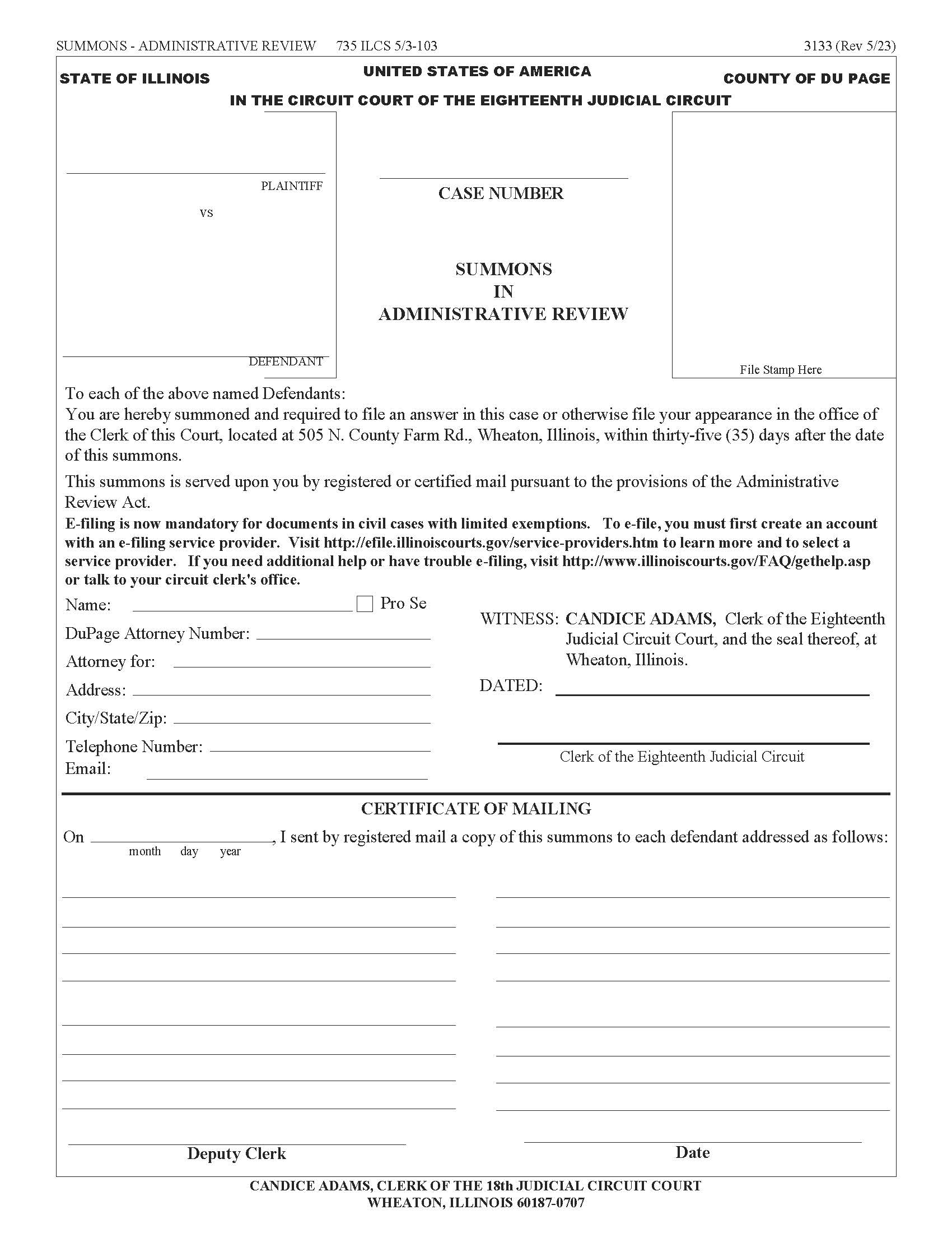 Summons In Administrative Review {3133} | Pdf Fpdf Docx | Illinois