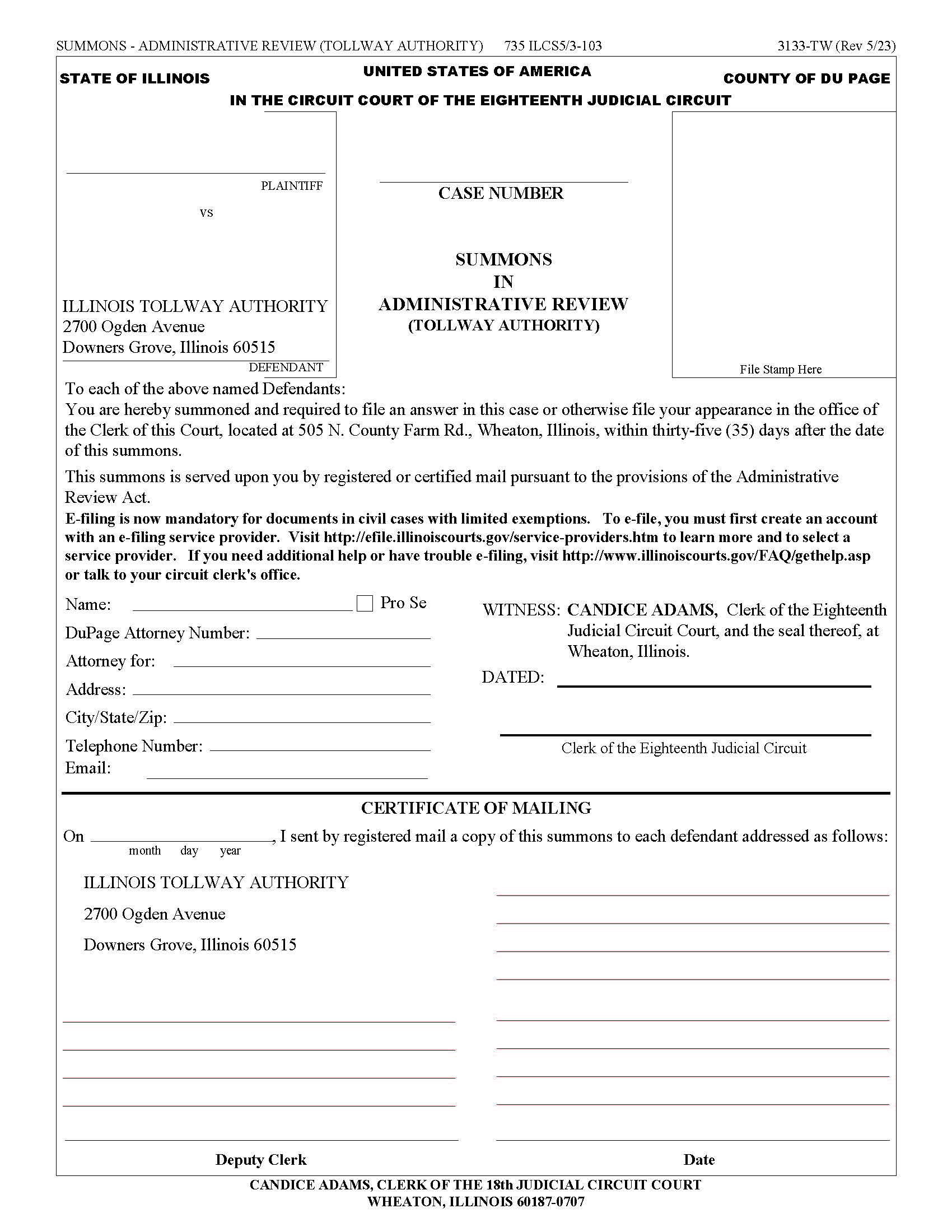Summons In Administrative Review - Tollway Authority {3133-TW} | Pdf Fpdf Docx | Illinois