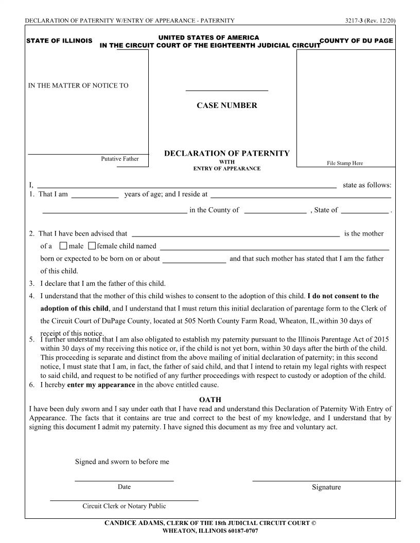 Declaration Of Paternity With Entry Of Appearance {3217-3} | Pdf Fpdf Docx | Illinois