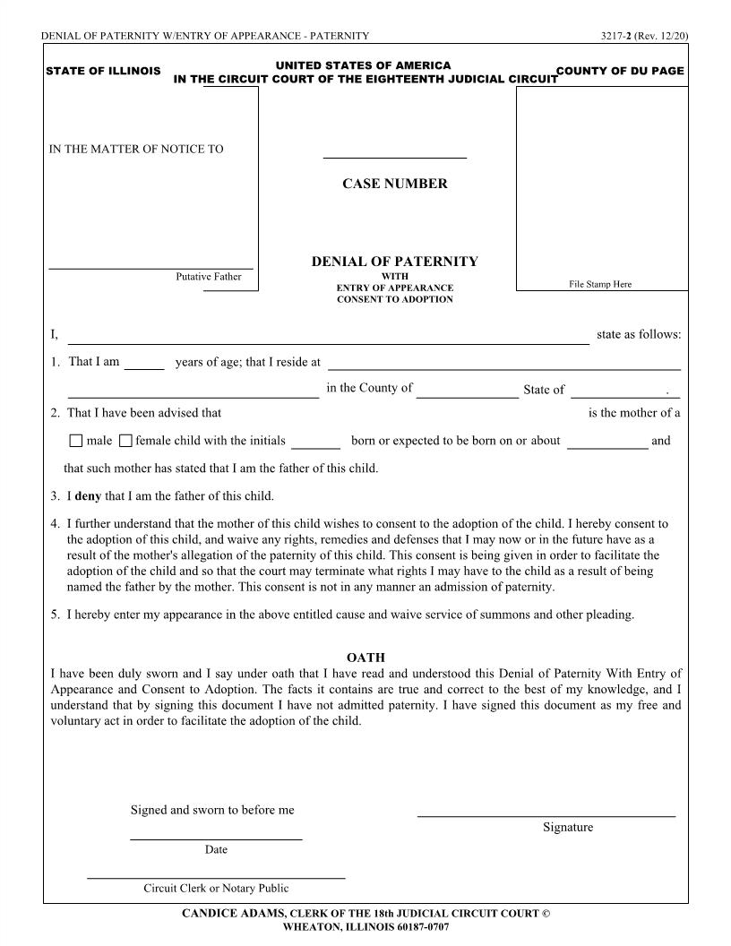 Denial Of Paternity With Entry Of Appearance And Consent To Adopt {3217-2} | Pdf Fpdf Docx | Illinois
