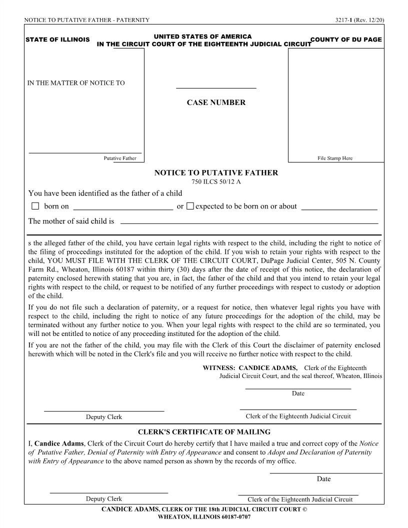 Notice To Putative Father {3217-1} | Pdf Fpdf Docx | Illinois