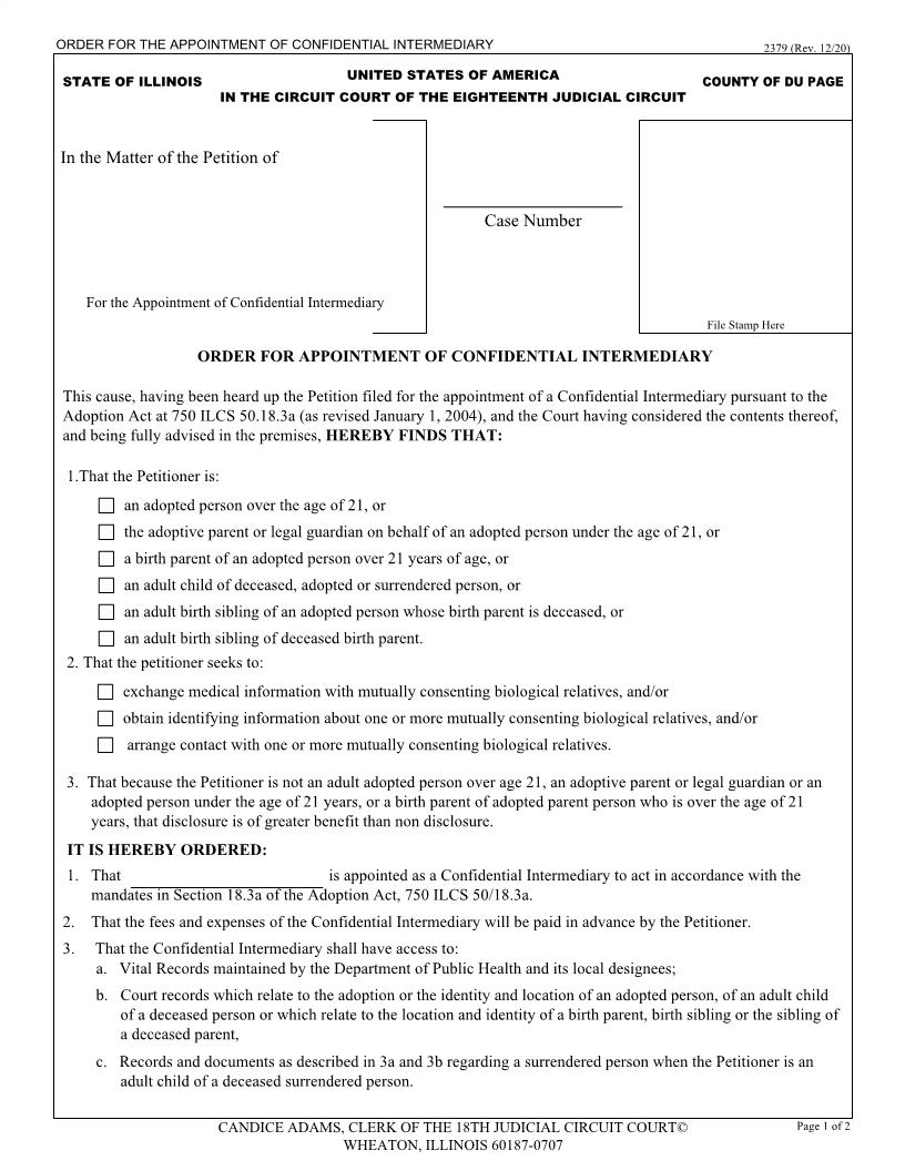 Order For Appointment Of Confidential Intermediary {2379} | Pdf Fpdf Doc Docx | Illinois