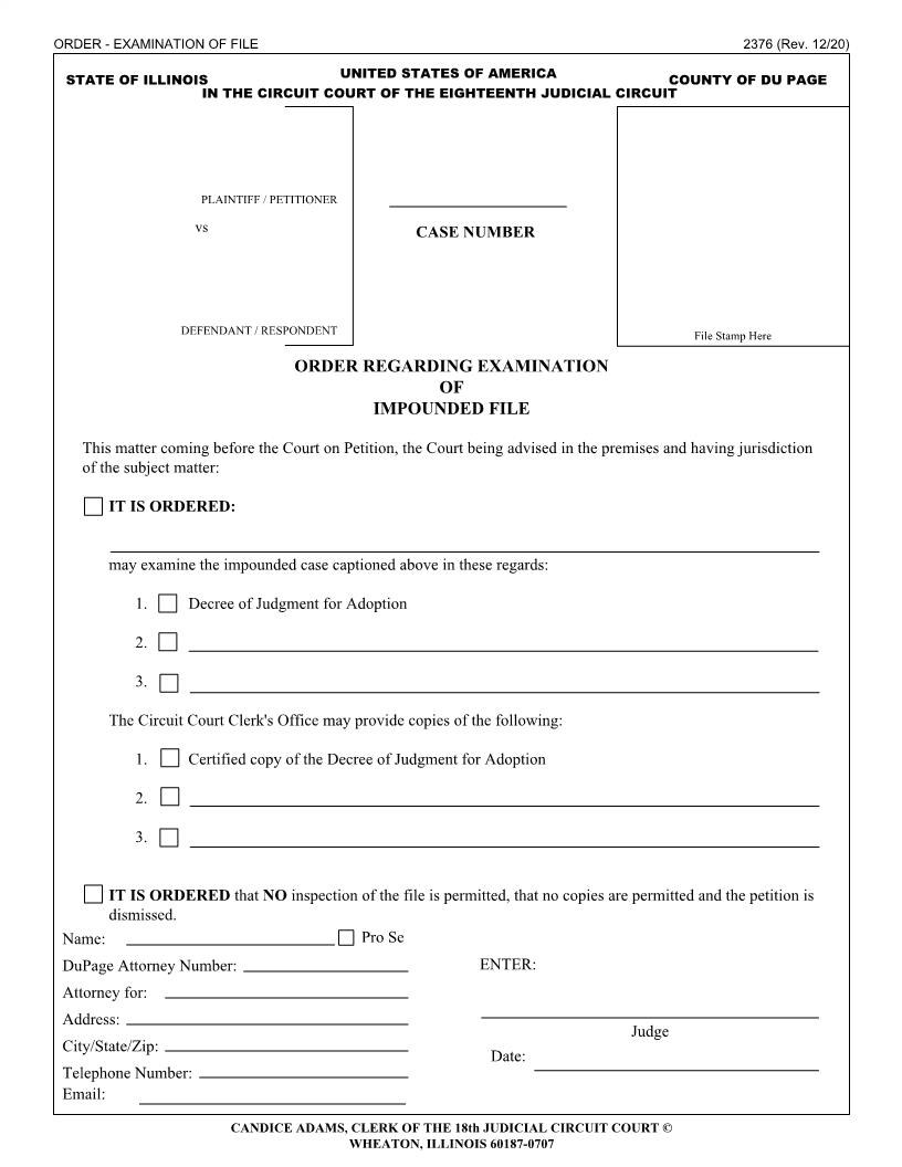 Order Regarding Examination Of Impounded Adoption File {2376} | Pdf Fpdf Docx | Illinois