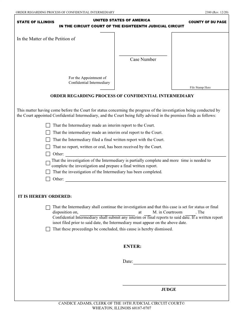 Order Regarding Process Of Confidential Intermediary {2380} | Pdf Fpdf Doc Docx | Illinois
