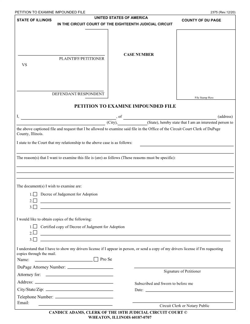 Petition To Examine Impounded Adoption File {2375} | Pdf Fpdf Doc Docx | Illinois