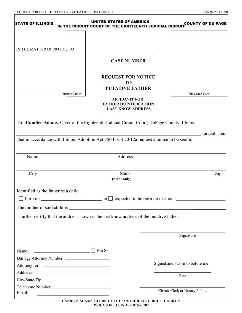 Request For Notice Of Putative Father {3216} | Pdf Fpdf Docx | Illinois