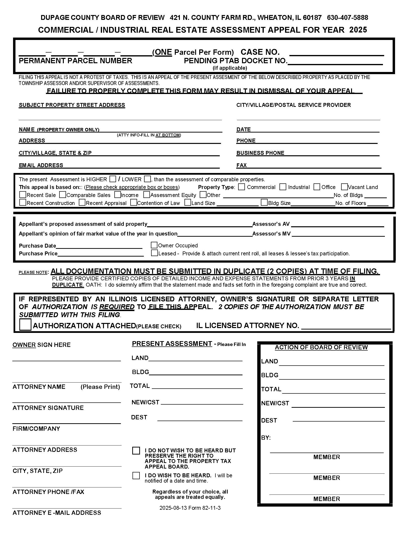 Commercial-Industrial Real Estate Assessment Appeal {82-11-3} | Pdf Fpdf Docx | Illinois