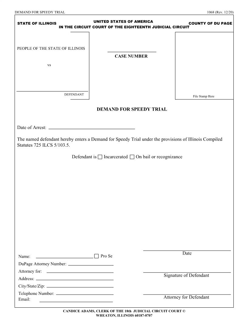 Demand For Speedy Trial {1068} | Pdf Fpdf Doc Docx | Illinois
